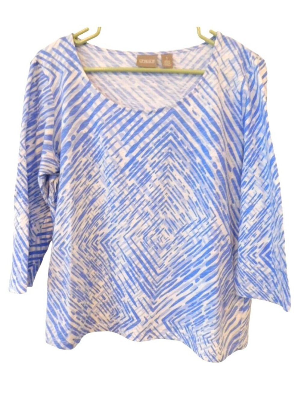 Chicos Womens Sz 1 8 10 Blue Abstract Print Top 3/4 Sleeve Lightweight Resort